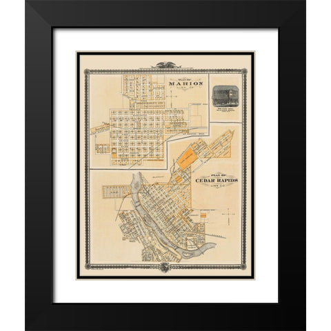 Cedar Rapids, Marion Iowa - Shober 1875 Black Modern Wood Framed Art Print with Double Matting by Shober