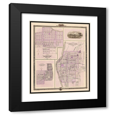 Iowa City, Marengo, Le Claire Iowa - Shober 1875 Black Modern Wood Framed Art Print with Double Matting by Shober