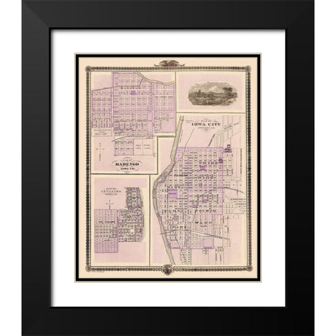 Iowa City, Marengo, Le Claire Iowa - Shober 1875 Black Modern Wood Framed Art Print with Double Matting by Shober