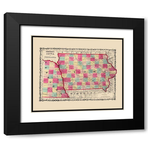 Nebraska, Iowa - Johnson 1860 Black Modern Wood Framed Art Print with Double Matting by Johnson