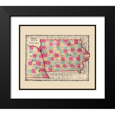 Nebraska, Iowa - Johnson 1860 Black Modern Wood Framed Art Print with Double Matting by Johnson
