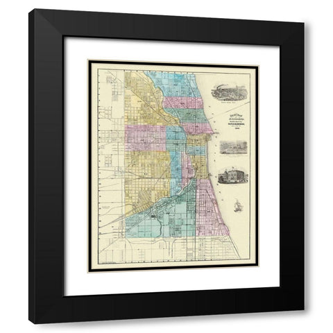 Chicago Illinois Plat - Blanchard 1869 Black Modern Wood Framed Art Print with Double Matting by Blanchard