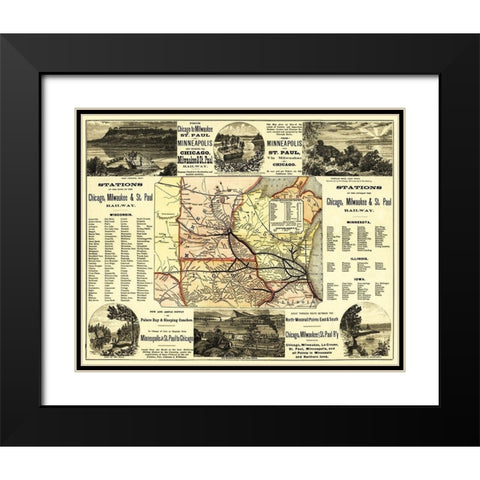 Chicago, Milwaukee and St Paul Railroad - 1874 Black Modern Wood Framed Art Print with Double Matting by Rand McNally