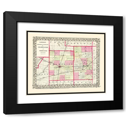 Champaign  Vermillion Illinois - Campbell 1850 Black Modern Wood Framed Art Print with Double Matting by Campbell