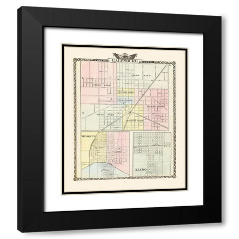 Galesburg, Monmouth, Aledo Illinois - Warner 1876 Black Modern Wood Framed Art Print with Double Matting by Warner