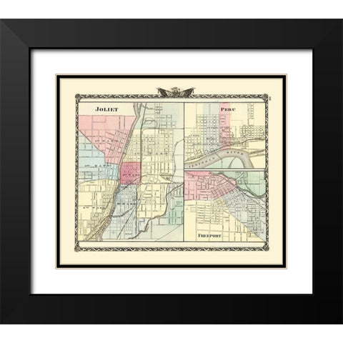 Joliet, Peru, Freeport Illinois - Warner 1870 Black Modern Wood Framed Art Print with Double Matting by Warner