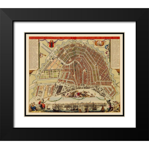 Amsterdam Panoramic Netherlands - De Wit 1688 Black Modern Wood Framed Art Print with Double Matting by De Wit