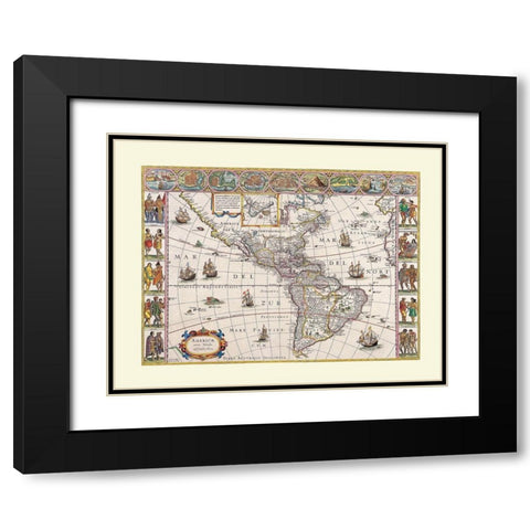 North South America - Blaeu Black Modern Wood Framed Art Print with Double Matting by Blaeu