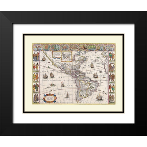 North South America - Blaeu Black Modern Wood Framed Art Print with Double Matting by Blaeu