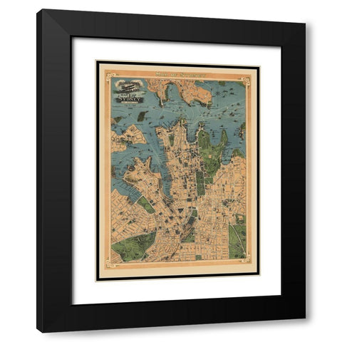 Sydney Australia Aeroplane View - Robinson 1922 Black Modern Wood Framed Art Print with Double Matting by Robinson