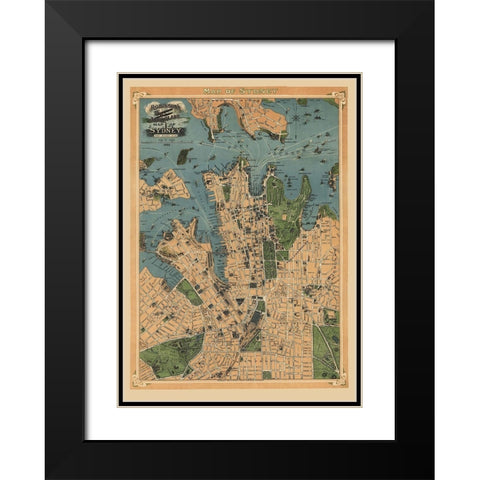Sydney Australia Aeroplane View - Robinson 1922 Black Modern Wood Framed Art Print with Double Matting by Robinson