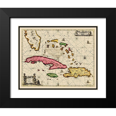 Sea Chart Bahamas Cuba Jamaica - Jansson 1650 Black Modern Wood Framed Art Print with Double Matting by Jansson