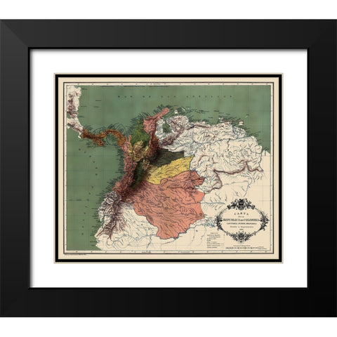 South America Republic of Colombia - Lahure 1886 Black Modern Wood Framed Art Print with Double Matting by Lahure