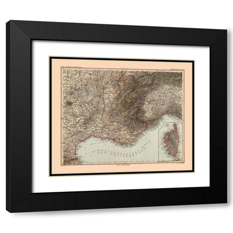 Southeastern France - Stieler 1885 Black Modern Wood Framed Art Print with Double Matting by Stieler