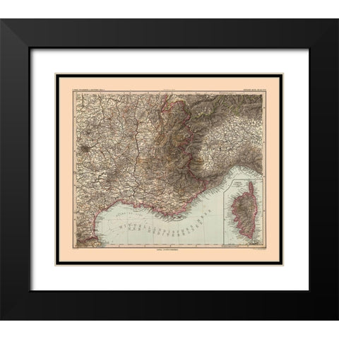 Southeastern France - Stieler 1885 Black Modern Wood Framed Art Print with Double Matting by Stieler