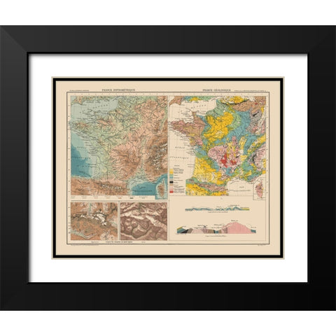 Hypsometric Geological France - Schrader 1908 Black Modern Wood Framed Art Print with Double Matting by Schrader