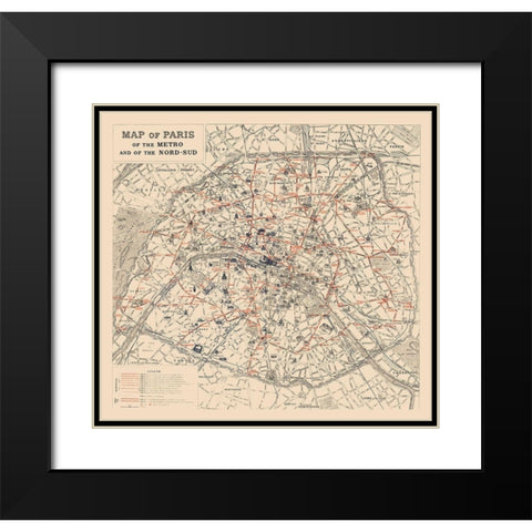 Metro Nord Sud Paris France - 1923 Black Modern Wood Framed Art Print with Double Matting by Unknown