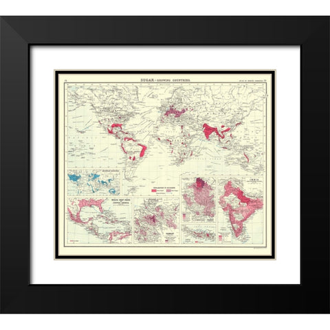 Global Sugar Growing Countries - Bartholomew 1907 Black Modern Wood Framed Art Print with Double Matting by Bartholomew