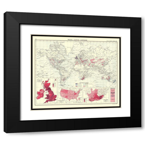 Global Wool Growing Countries - Bartholomew 1907 Black Modern Wood Framed Art Print with Double Matting by Bartholomew