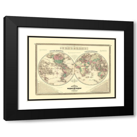 Western Eastern Hemisphere - Johnson 1870 Black Modern Wood Framed Art Print with Double Matting by Johnson