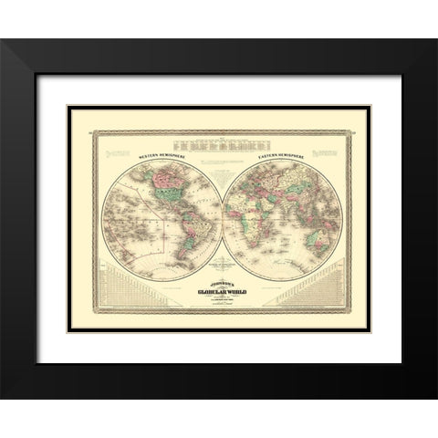 Western Eastern Hemisphere - Johnson 1870 Black Modern Wood Framed Art Print with Double Matting by Johnson