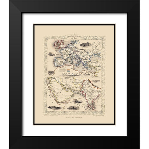 Overland Route To India - Tallis 1851 Black Modern Wood Framed Art Print with Double Matting by Tallis