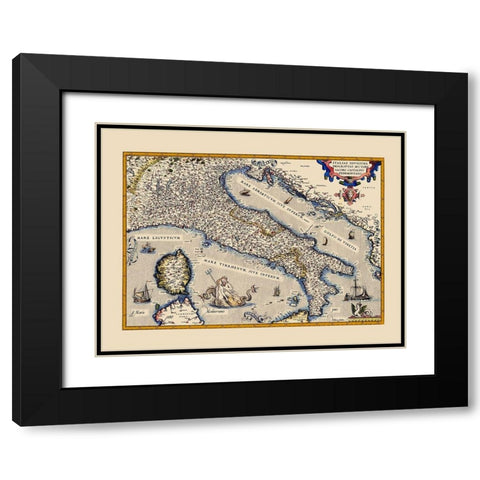 Italy - Ortelius 1570 Black Modern Wood Framed Art Print with Double Matting by Ortelius
