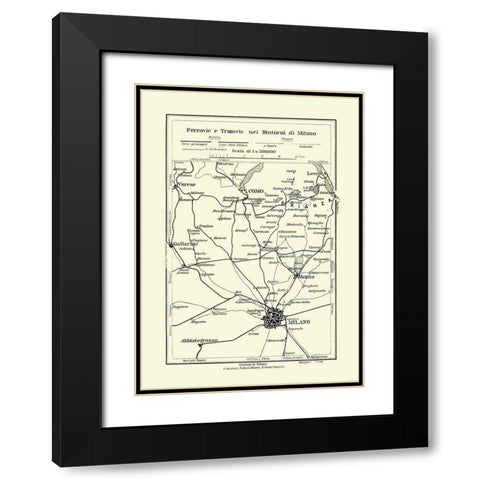 Routes to Milano Italy - Bertarelli 1914 Black Modern Wood Framed Art Print with Double Matting by Bertarelli