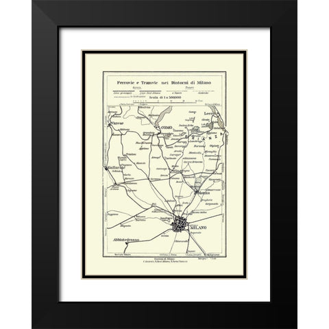 Routes to Milano Italy - Bertarelli 1914 Black Modern Wood Framed Art Print with Double Matting by Bertarelli