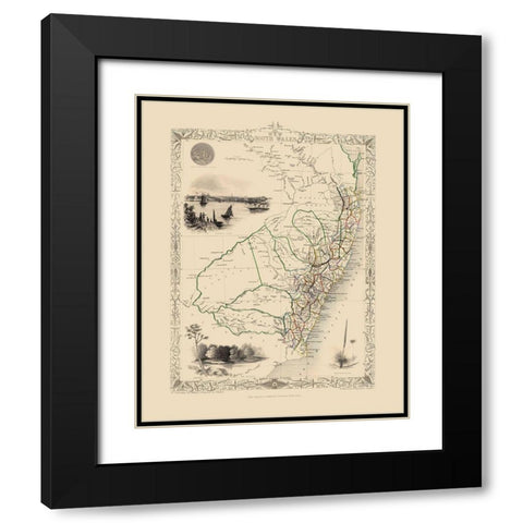 New South Wales Van Diemens Land Australia Black Modern Wood Framed Art Print with Double Matting by Tallis
