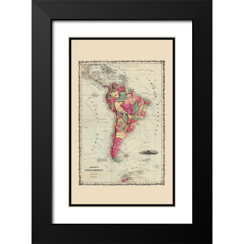 South America - Johnson 1860 Black Modern Wood Framed Art Print with Double Matting by Johnson