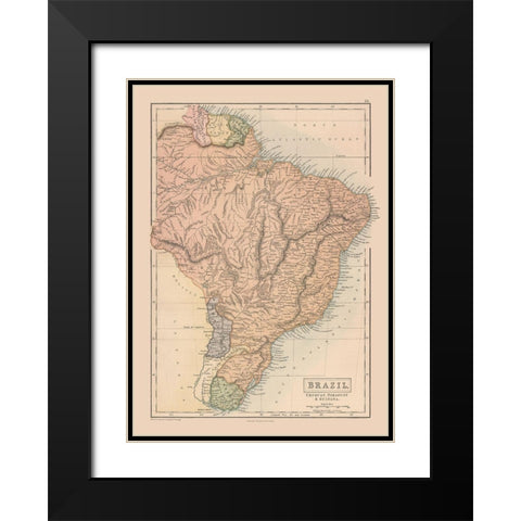 South America Brazil Uruguay Paraguay Guayana Black Modern Wood Framed Art Print with Double Matting by Black