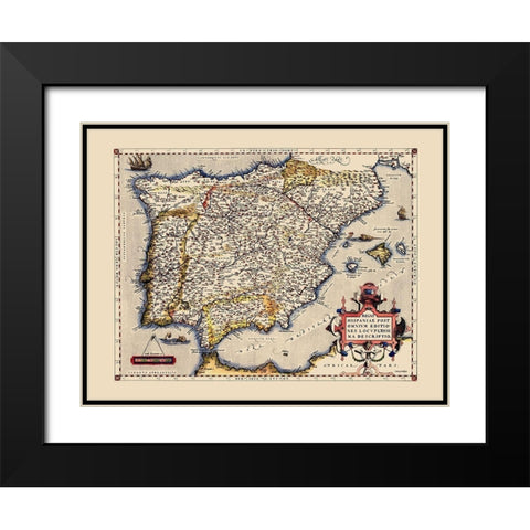 Iberian Peninsula Spain Portugal - Ortelius 1592 Black Modern Wood Framed Art Print with Double Matting by Ortelius