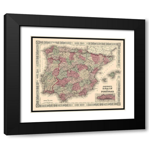 Spain Portugal - Johnson 1854 Black Modern Wood Framed Art Print with Double Matting by Johnson