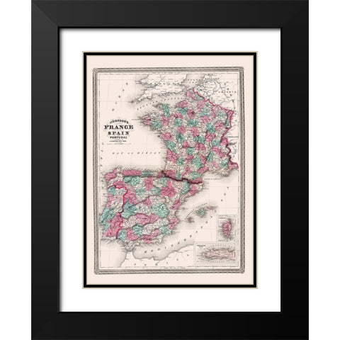 Europe Spain France Portugal - Johnson 1865 Black Modern Wood Framed Art Print with Double Matting by Johnson