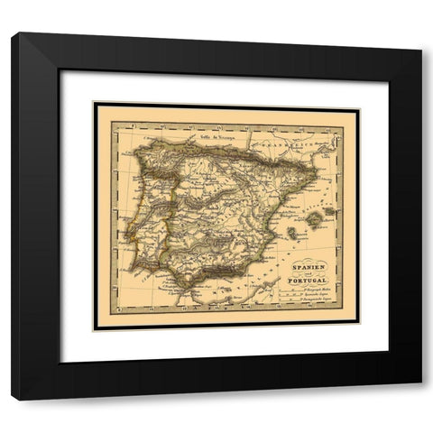 Spain Portugal - Stieler 1852 Black Modern Wood Framed Art Print with Double Matting by Stieler