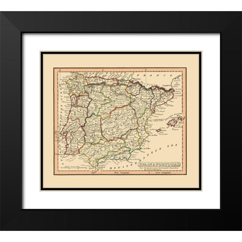 Spain Portugal - Thomas 1835 Black Modern Wood Framed Art Print with Double Matting by Thomas