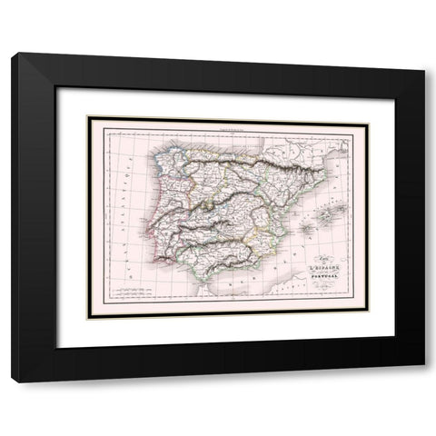 Spain Portugal - Delamarche 1847 Black Modern Wood Framed Art Print with Double Matting by Delamarche