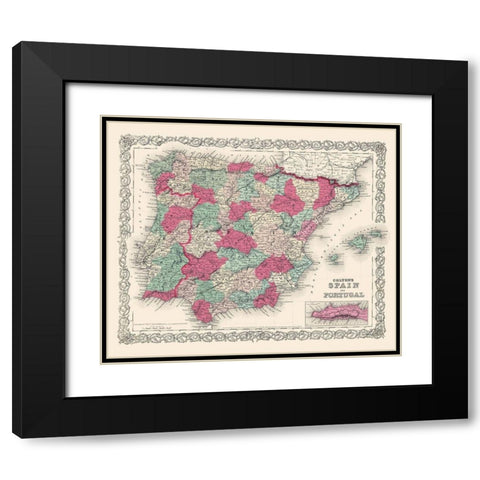 Spain Portugal - Colton 1874 Black Modern Wood Framed Art Print with Double Matting by Colton