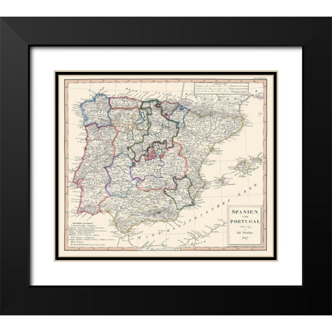 Spain Portugal - Perthes 1817 Black Modern Wood Framed Art Print with Double Matting by Perthes