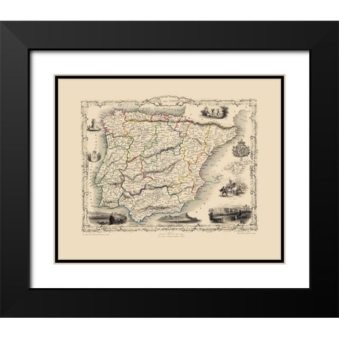 Spain Portugal - Tallis 1851 Black Modern Wood Framed Art Print with Double Matting by Tallis