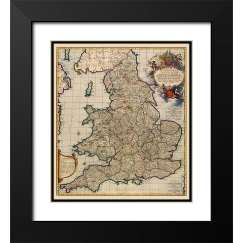 England Wales - Visscher 1690 Black Modern Wood Framed Art Print with Double Matting by Visscher