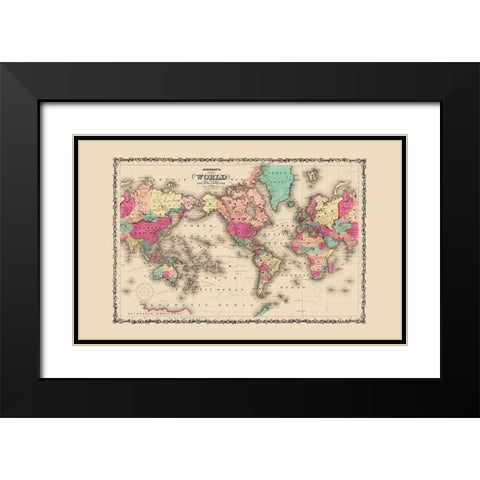 Mercator Projection - Johnson 1860 Black Modern Wood Framed Art Print with Double Matting by Johnson