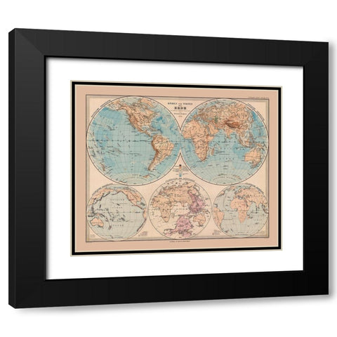 Hemispheres of Earth - Stieler 1885 Black Modern Wood Framed Art Print with Double Matting by Stieler