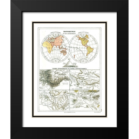 World Hemispheres - Cortambert 1880 Black Modern Wood Framed Art Print with Double Matting by Cortambert