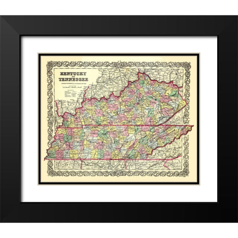 Kentucky, Tennessee - Colton 1856 Black Modern Wood Framed Art Print with Double Matting by Colton