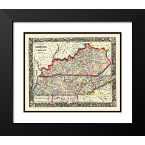 Kentucky, Tennessee Counties - Mitchell 1860 Black Modern Wood Framed Art Print with Double Matting by Mitchell