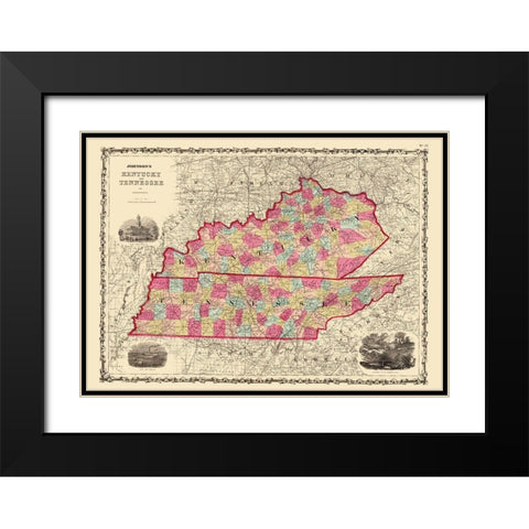 Kentucky, Tennessee - Johnson 1864 Black Modern Wood Framed Art Print with Double Matting by Johnson