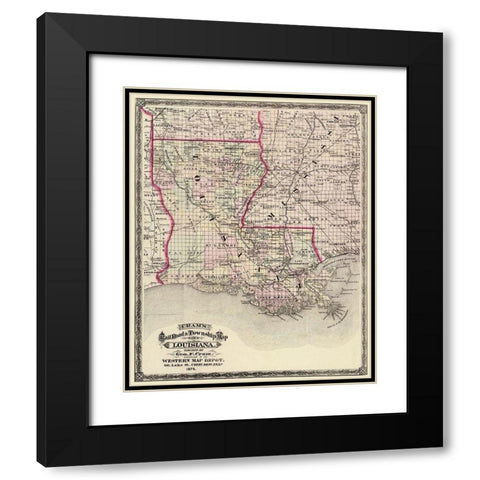 Louisiana Railroad and Townships - Cram 1875 Black Modern Wood Framed Art Print with Double Matting by Cram