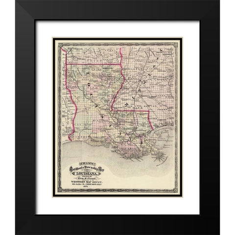 Louisiana Railroad and Townships - Cram 1875 Black Modern Wood Framed Art Print with Double Matting by Cram